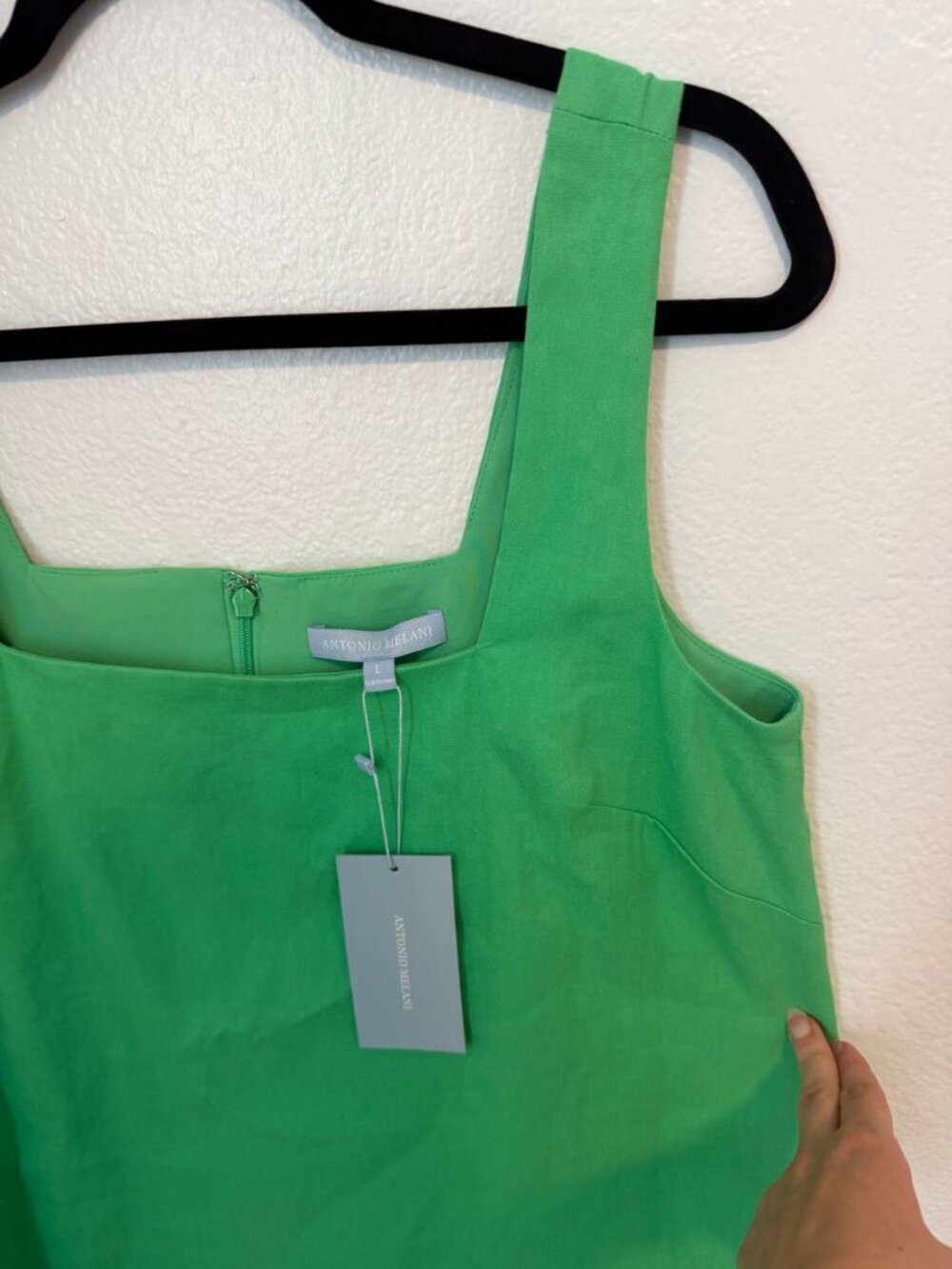 NWT Antonio Melani Women Mini Dress L Green Linen Square Neck Sleeveless Pockets - Picture 8 of 11